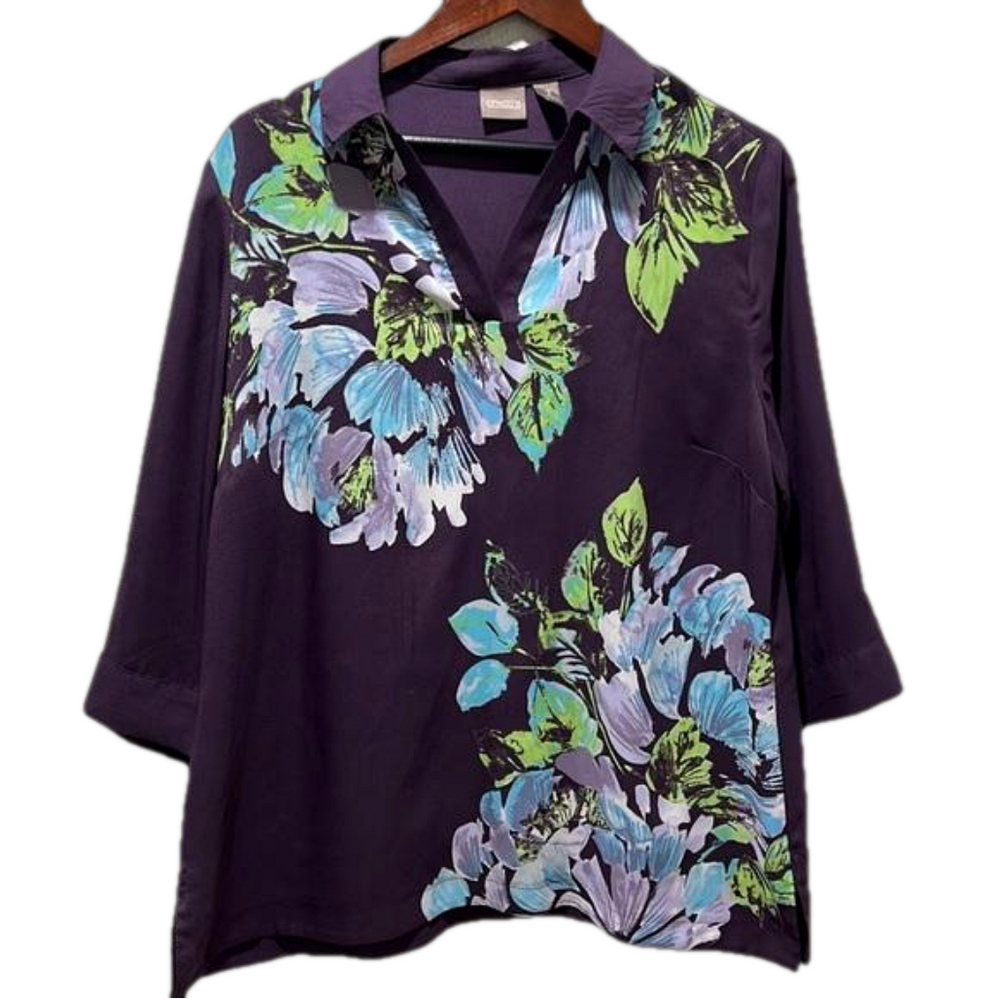 CHICOS purple with leaves design 🍃 blouse size 2 GUC